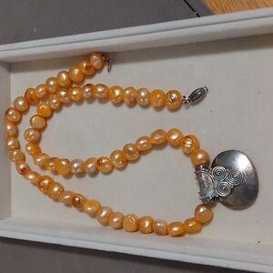 Artisan 925 Sterling Silver Pendant Necklace with Orange Freshwater Pearls